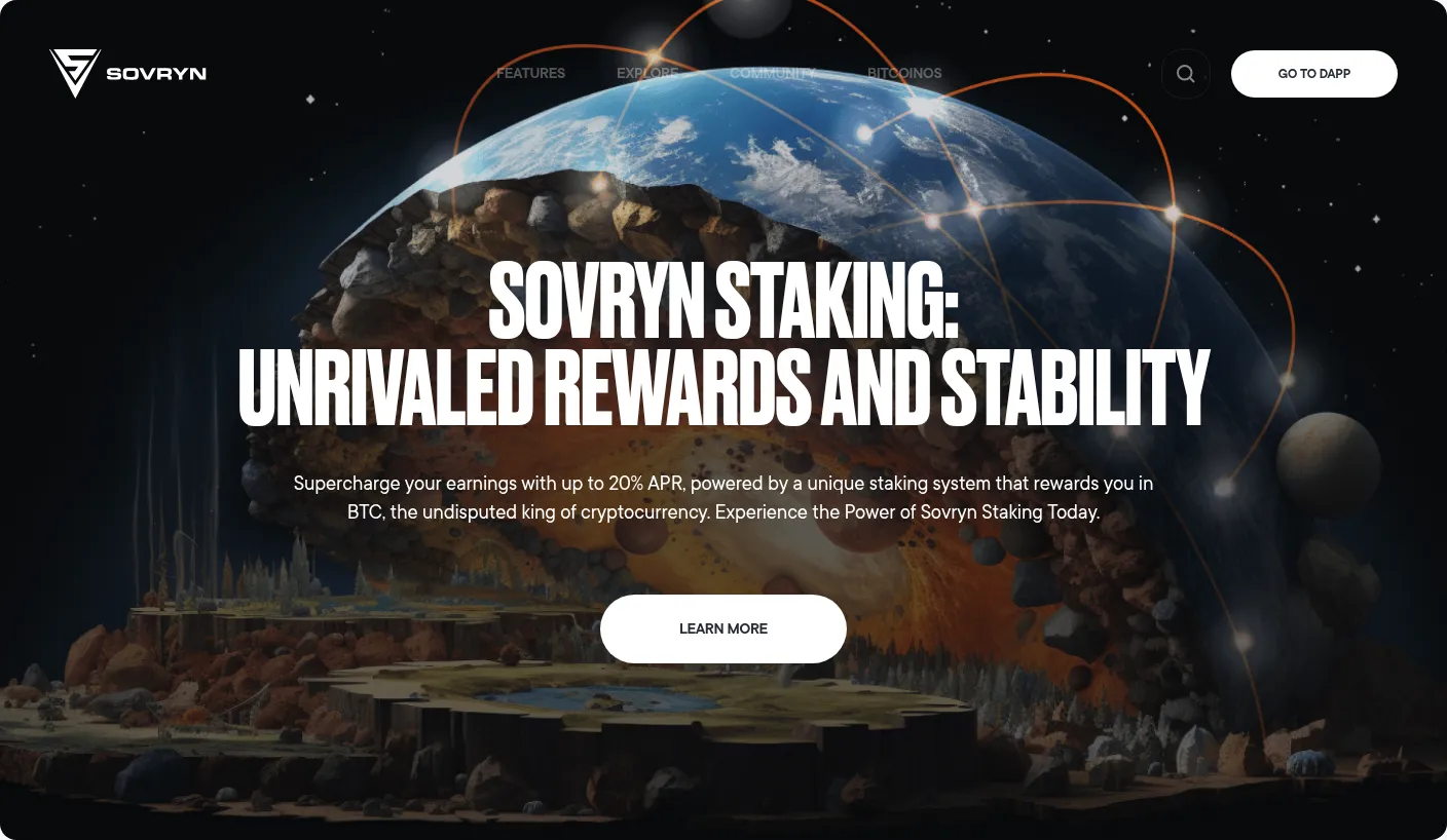 Official Sovryn staking page captured August 20, 2026 advertising up to 20 percent APR and rewards in BTC