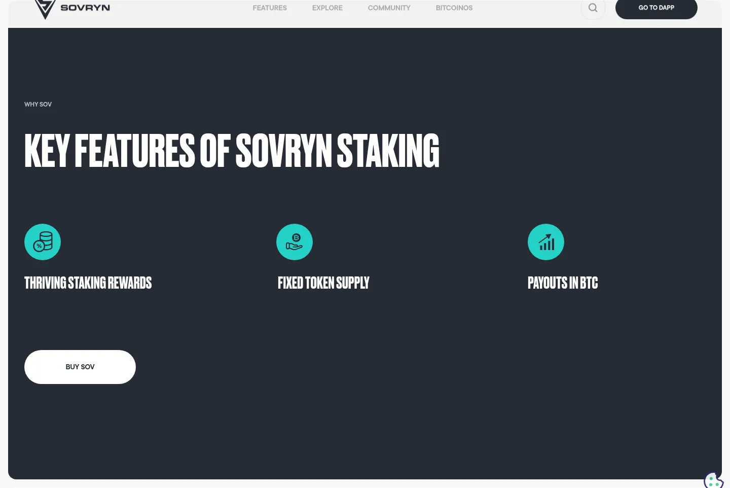 Official Sovryn staking page captured August 20, 2026 showing Payouts in BTC and a Buy SOV button