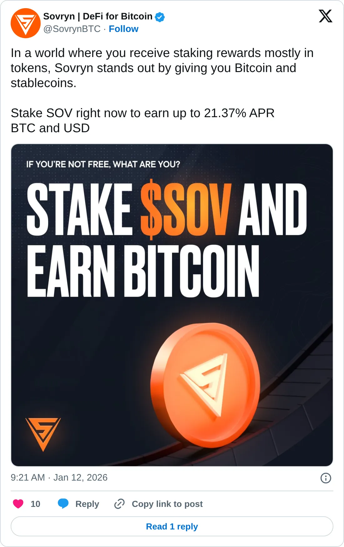 Official Sovryn X post dated January 12, 2026 saying Stake SOV right now to earn up to 21.37 percent APR BTC and USD