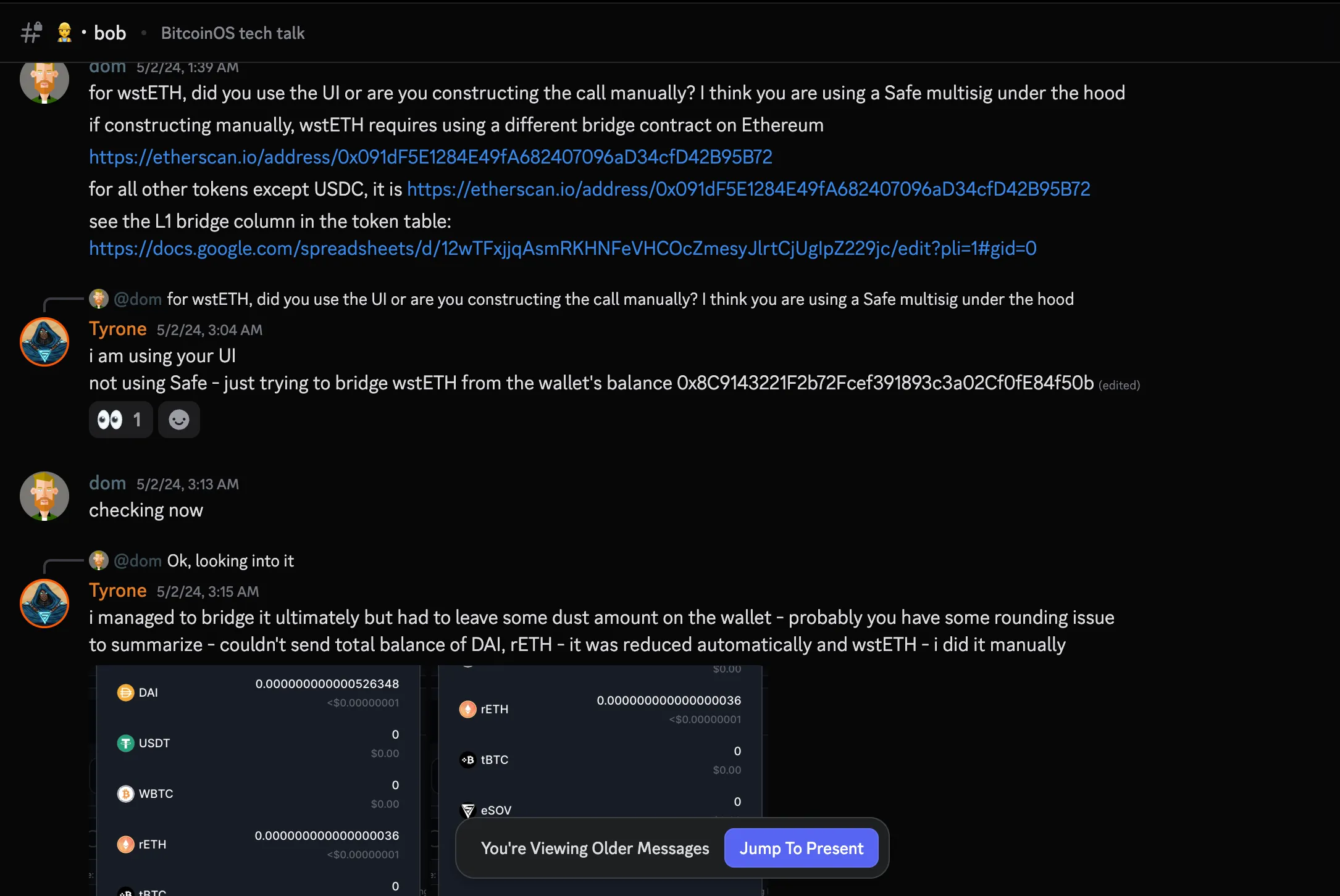 Supplied Discord screenshot in which a displayed Tyrone account says it is using a bridge interface and supplies the 8C wallet address