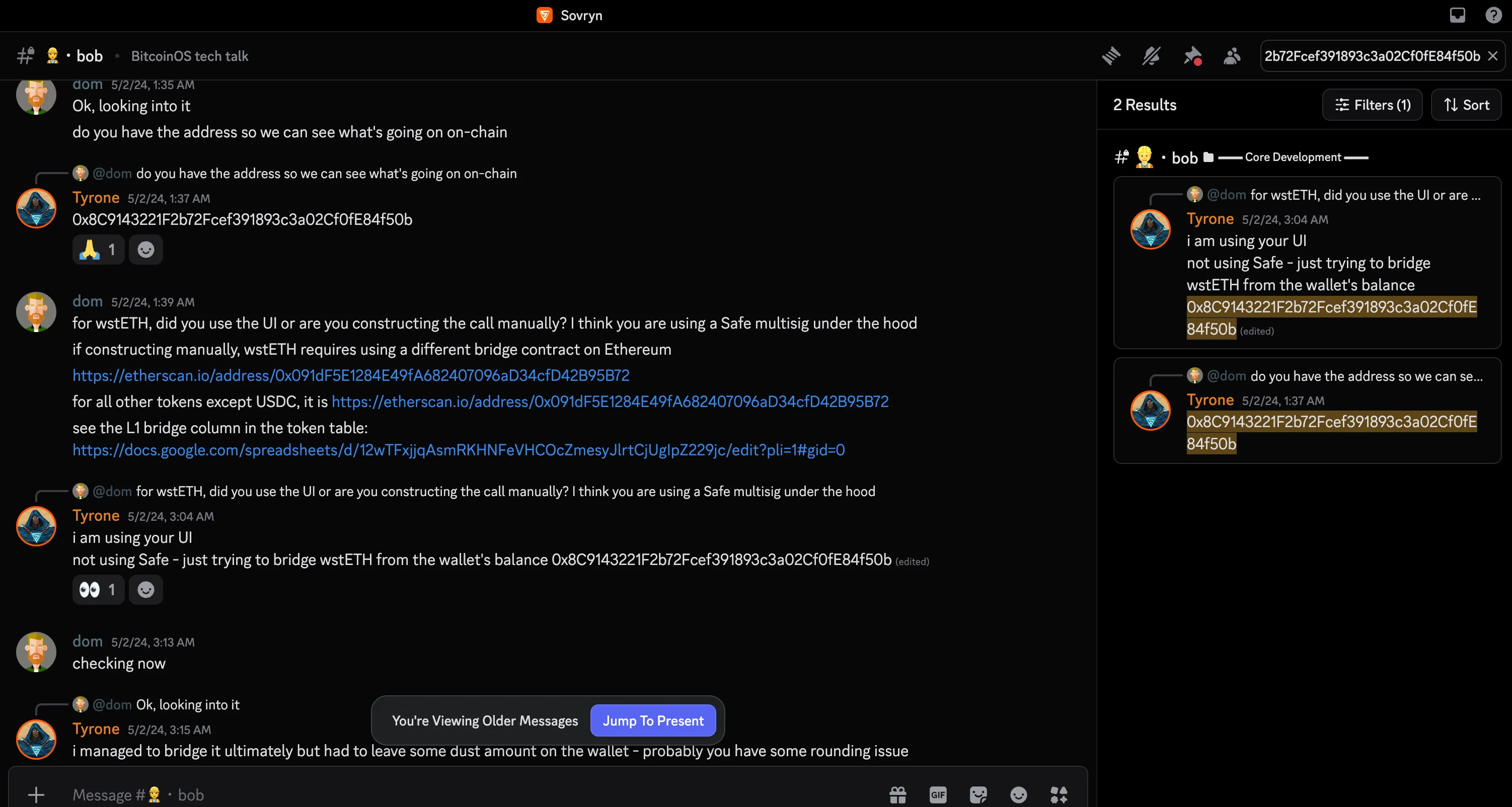 Supplied Discord address-search screenshot showing two displayed references to the 8C wallet