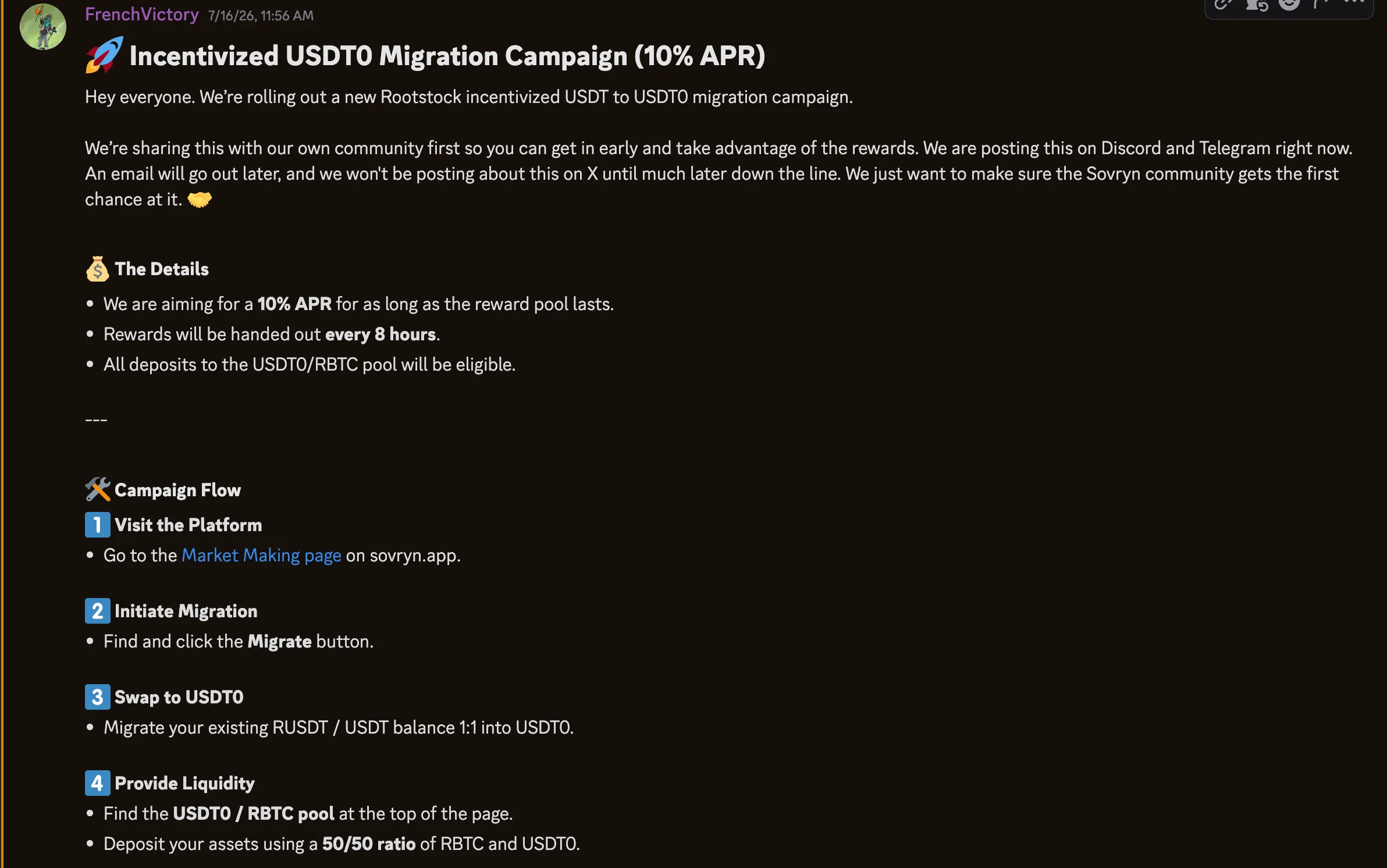 Supplied screenshot of a displayed FrenchVictory account announcing an incentivized USDt0 migration campaign offering a targeted 10 percent APR