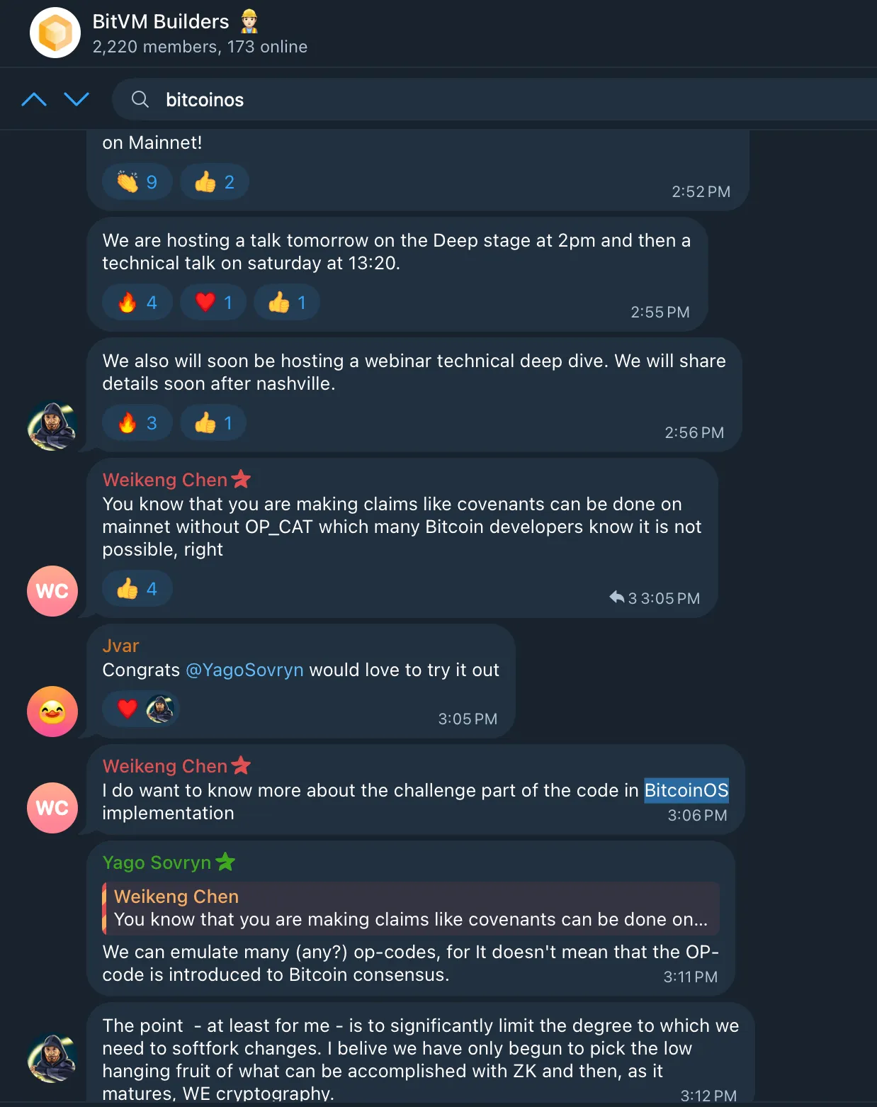 BitVM Builders Telegram screenshot showing Weikeng Chen challenging Edan Yago’s claim about covenants on Bitcoin mainnet without OP_CAT