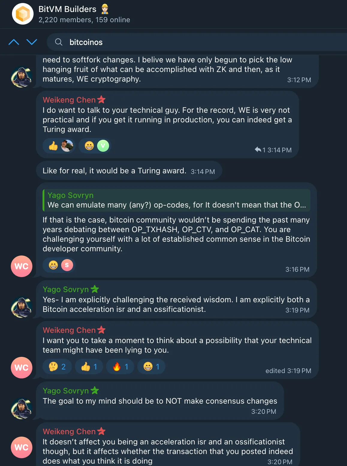 BitVM Builders Telegram screenshot showing Weikeng Chen warning Edan Yago about the claims attributed to the BitcoinOS technical team